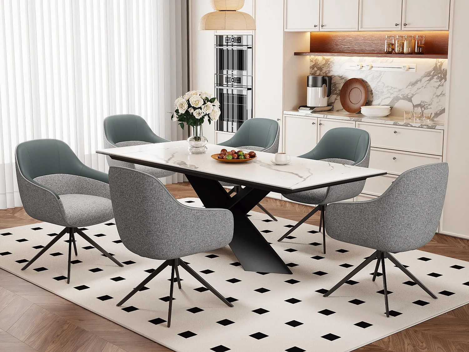 Lot de 6 chaises pivotantes - avec accoudoirs - Cuir PU et tissu - avec pieds réglables en hauteur - Gris