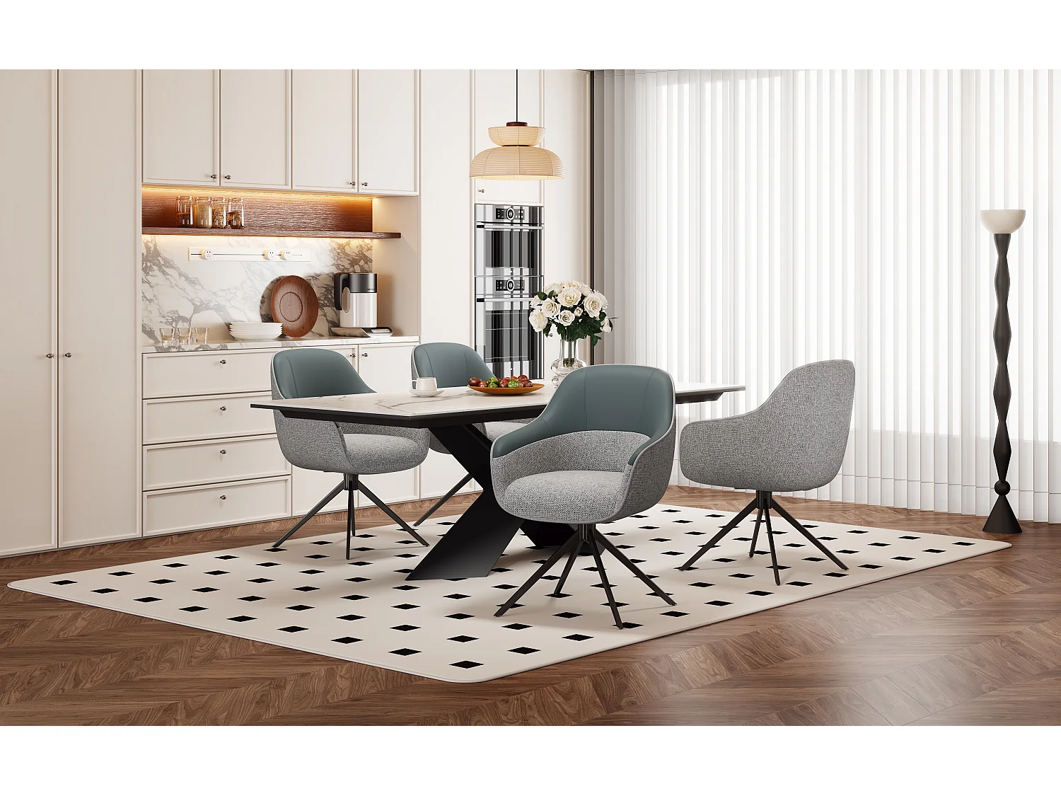 Lot de 6 chaises pivotantes - avec accoudoirs - Cuir PU et tissu - avec pieds réglables en hauteur - Gris