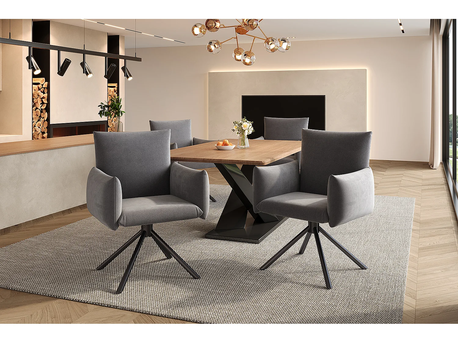 Set di 4 poltrone imbottite - Rotazione 360° - con 4 gambe in metallo - Velluto - Grigio