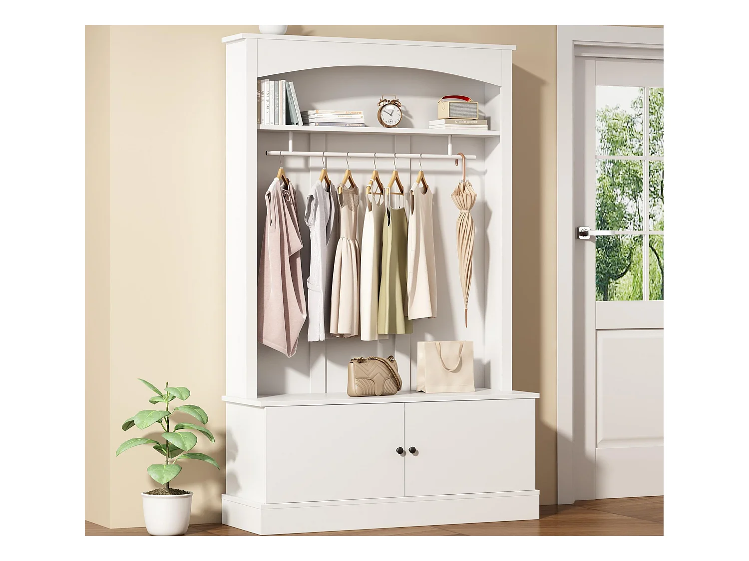 Moderne Garderobe - mit Kleiderstange und Schuhfächern - Aufbewahrungsbank - mit Haken - Weiß