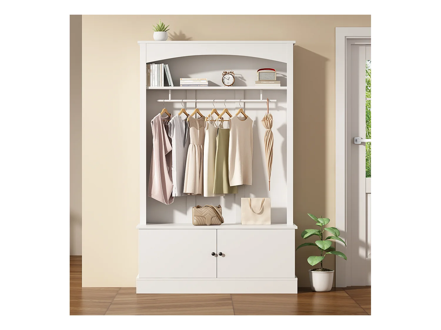 Moderne Garderobe - mit Kleiderstange und Schuhfächern - Aufbewahrungsbank - mit Haken - Weiß