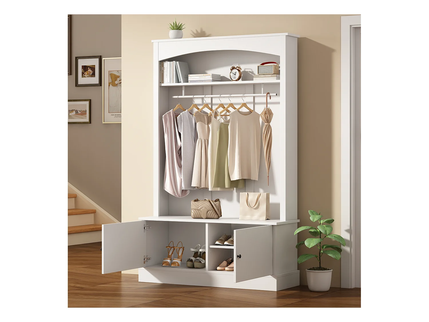 Moderne Garderobe - mit Kleiderstange und Schuhfächern - Aufbewahrungsbank - mit Haken - Weiß