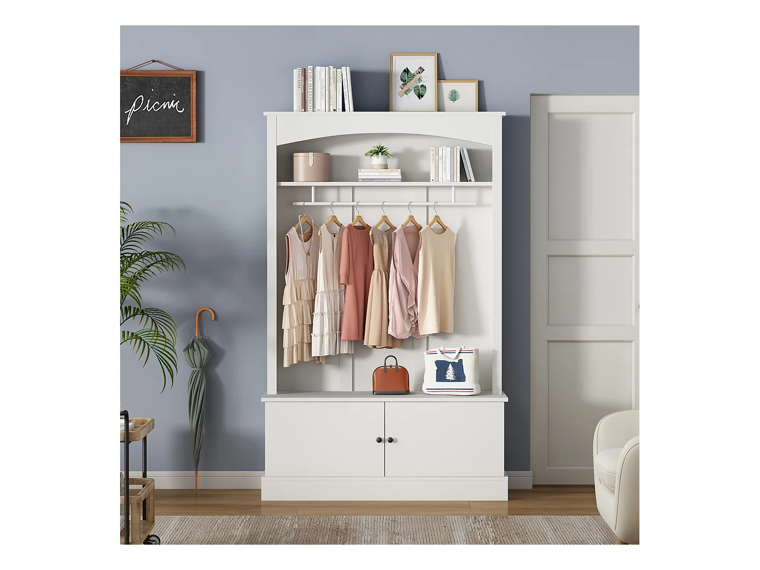 Moderne Garderobe - mit Kleiderstange und Schuhfächern - Aufbewahrungsbank - mit Haken - Weiß