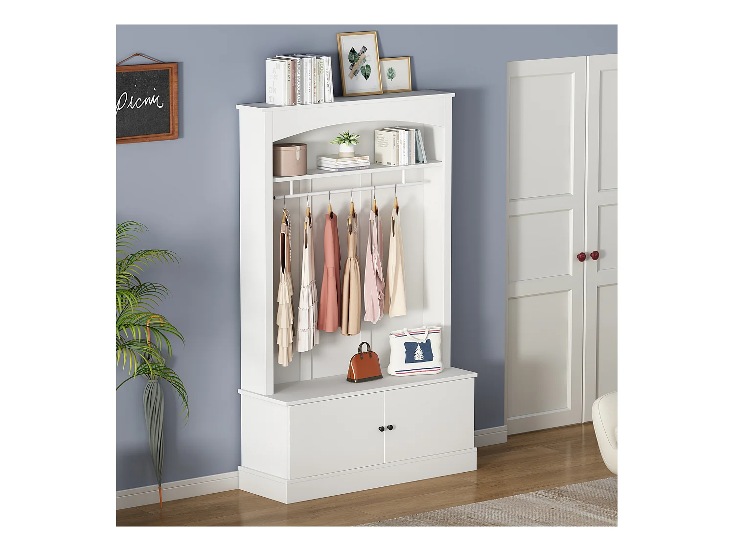 Moderne Garderobe - mit Kleiderstange und Schuhfächern - Aufbewahrungsbank - mit Haken - Weiß