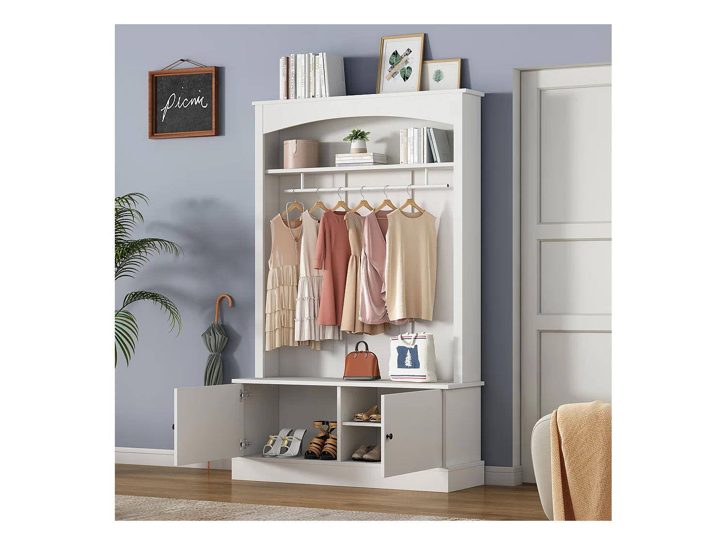 Moderne Garderobe - mit Kleiderstange und Schuhfächern - Aufbewahrungsbank - mit Haken - Weiß