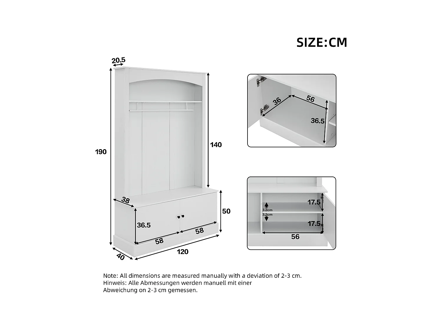 Moderne Garderobe - mit Kleiderstange und Schuhfächern - Aufbewahrungsbank - mit Haken - Weiß
