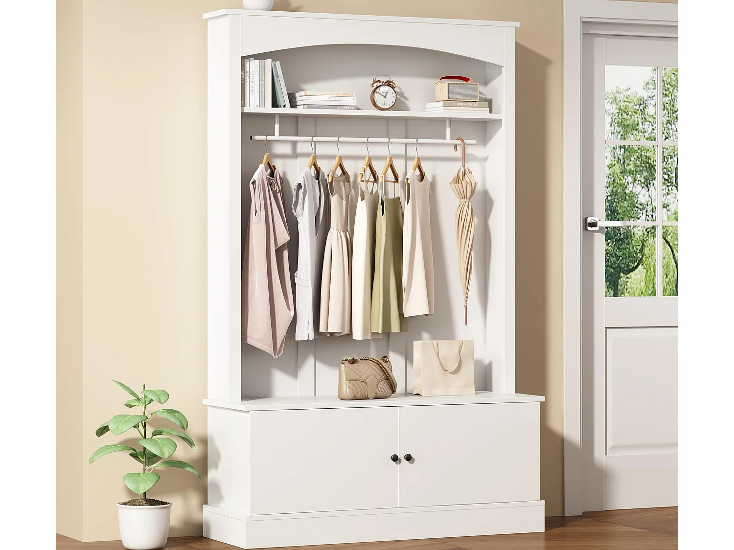 Vestiaire moderne - avec porte-manteau et rangements à chaussures - Banc de rangement - avec crochets - Blanc