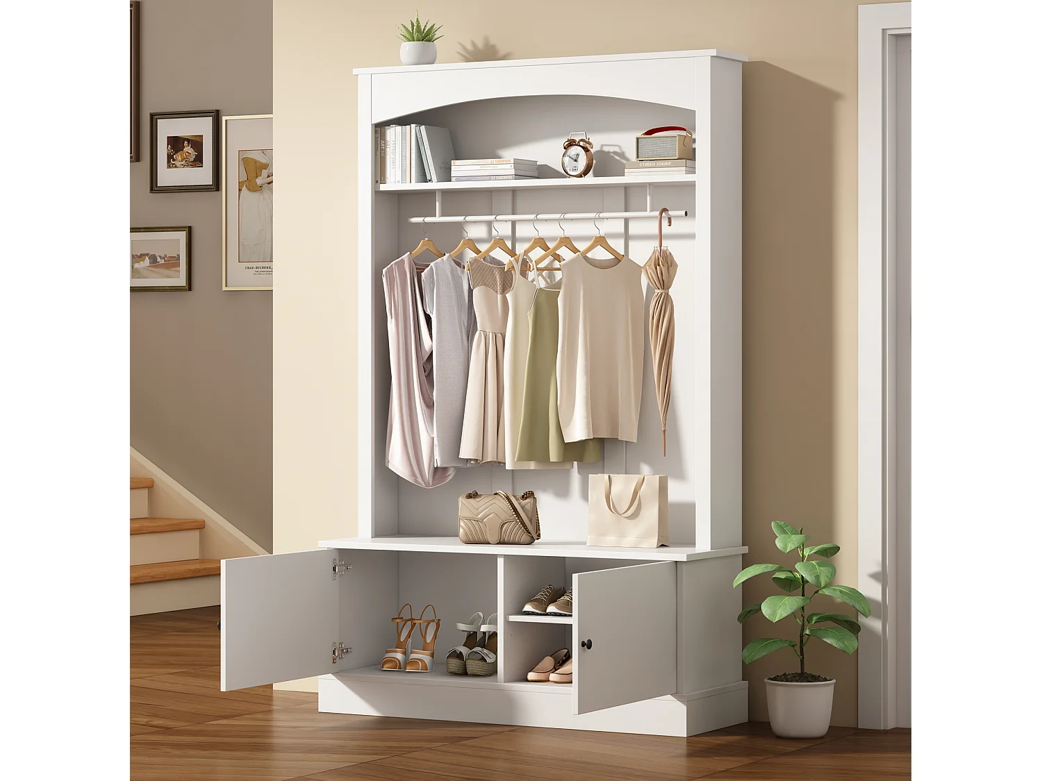 Vestiaire moderne - avec porte-manteau et rangements à chaussures - Banc de rangement - avec crochets - Blanc