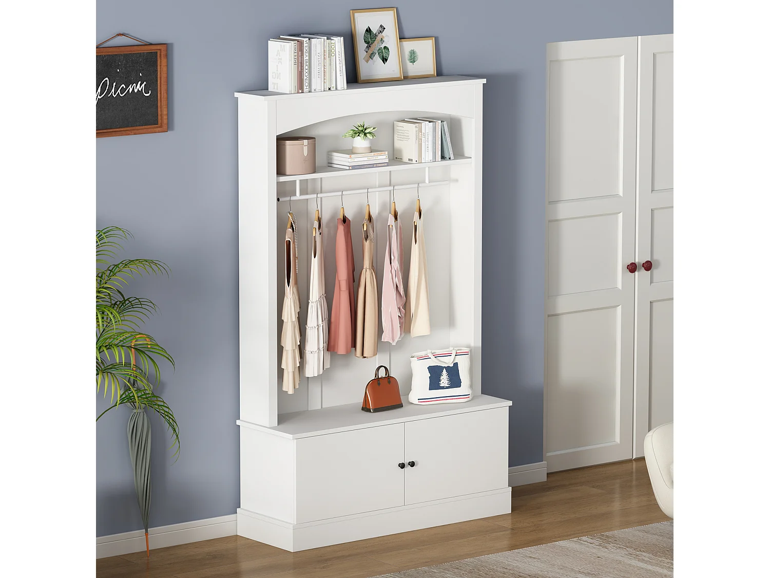 Vestiaire moderne - avec porte-manteau et rangements à chaussures - Banc de rangement - avec crochets - Blanc