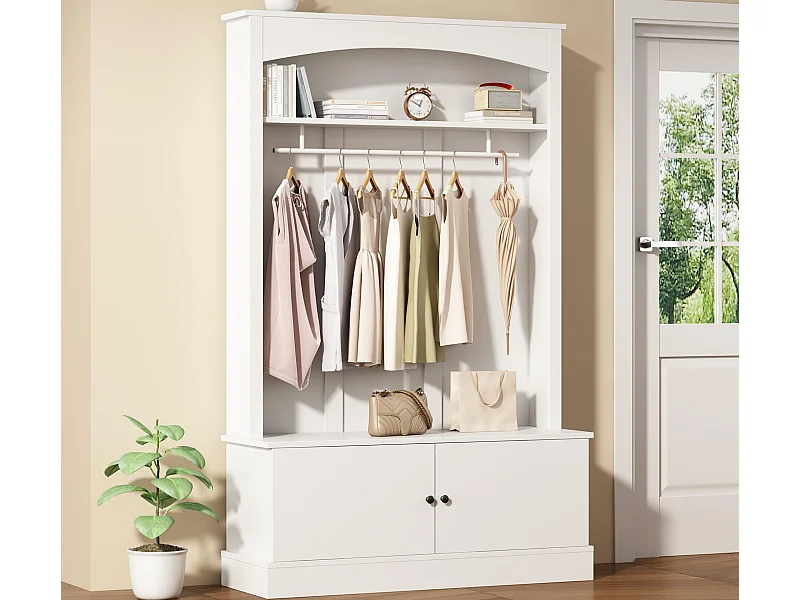 Vestiaire moderne - avec porte-manteau et rangements à chaussures - Banc de rangement - avec crochets - Blanc