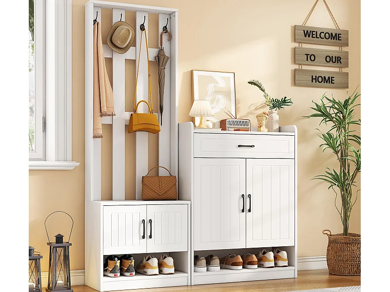 Moderne garderobe - met kapstok en schoenenkasten - met haken en lade - Wit