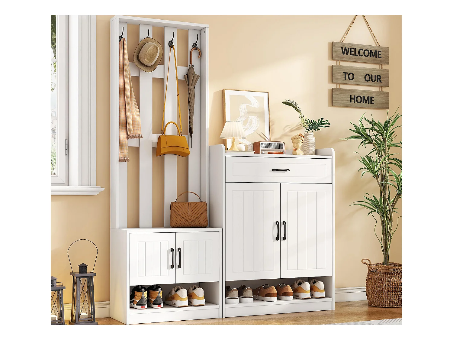 Moderne garderobe - met kapstok en schoenenkasten - met haken en lade - Wit