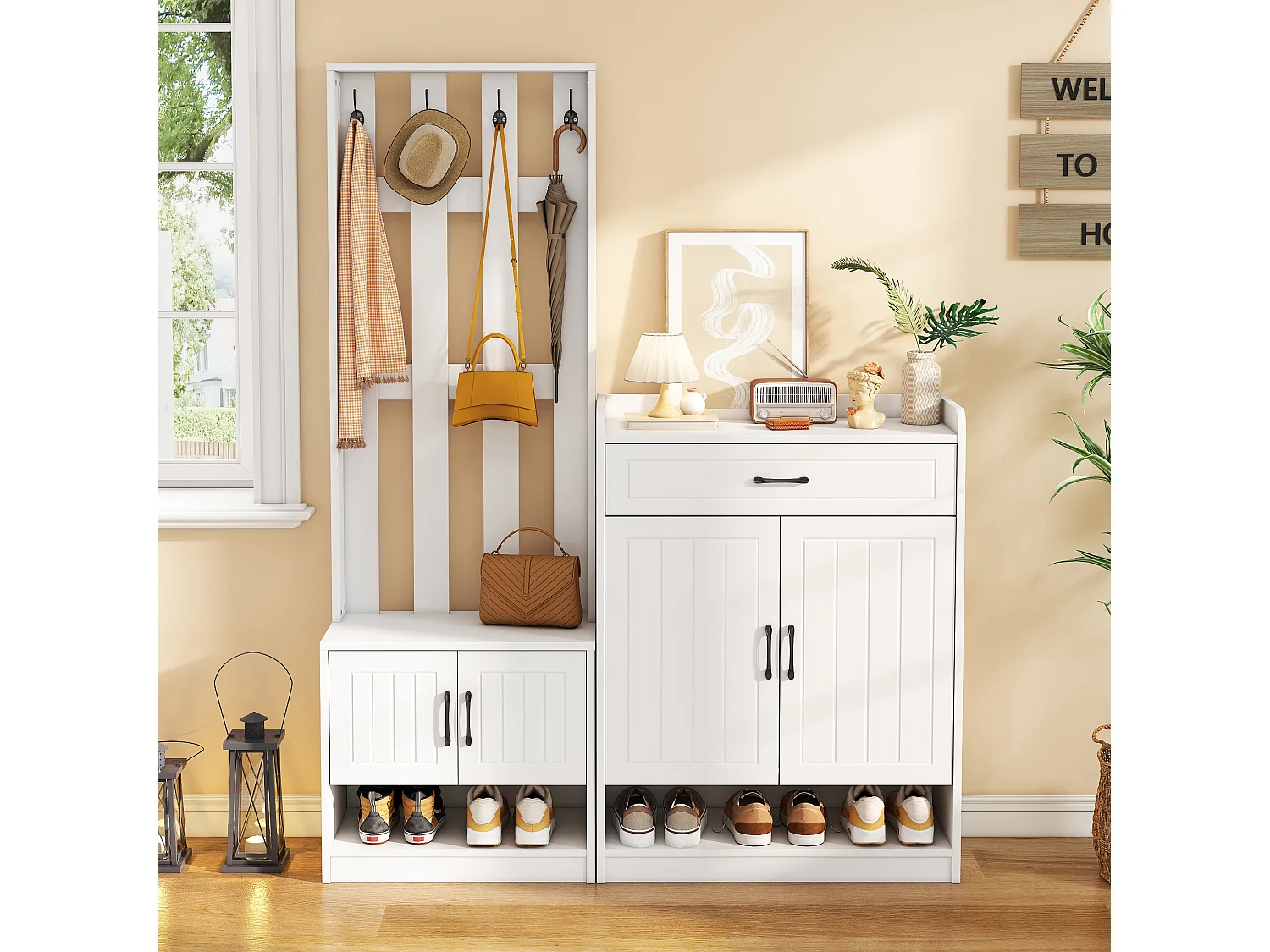 Moderne garderobe - met kapstok en schoenenkasten - met haken en lade - Wit