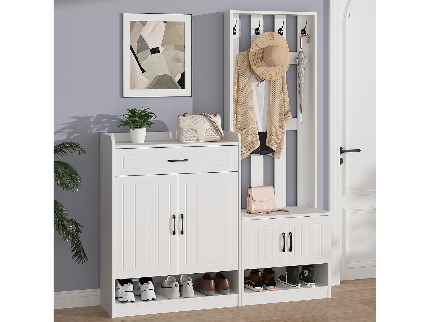 Moderne garderobe - met kapstok en schoenenkasten - met haken en lade - Wit