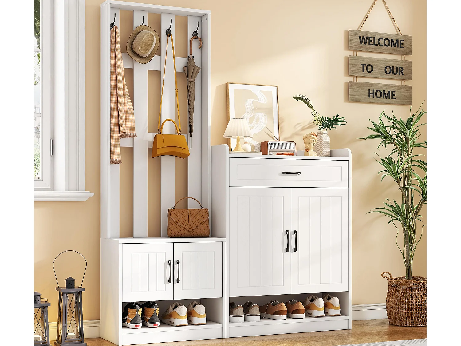 Vestiaire moderne - avec porte-manteau et armoires à chaussures - avec crochets et tiroir - Blanc