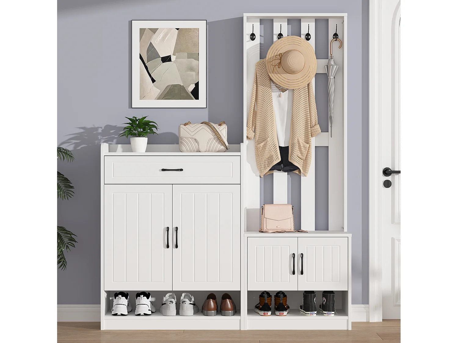 Vestiaire moderne - avec porte-manteau et armoires à chaussures - avec crochets et tiroir - Blanc