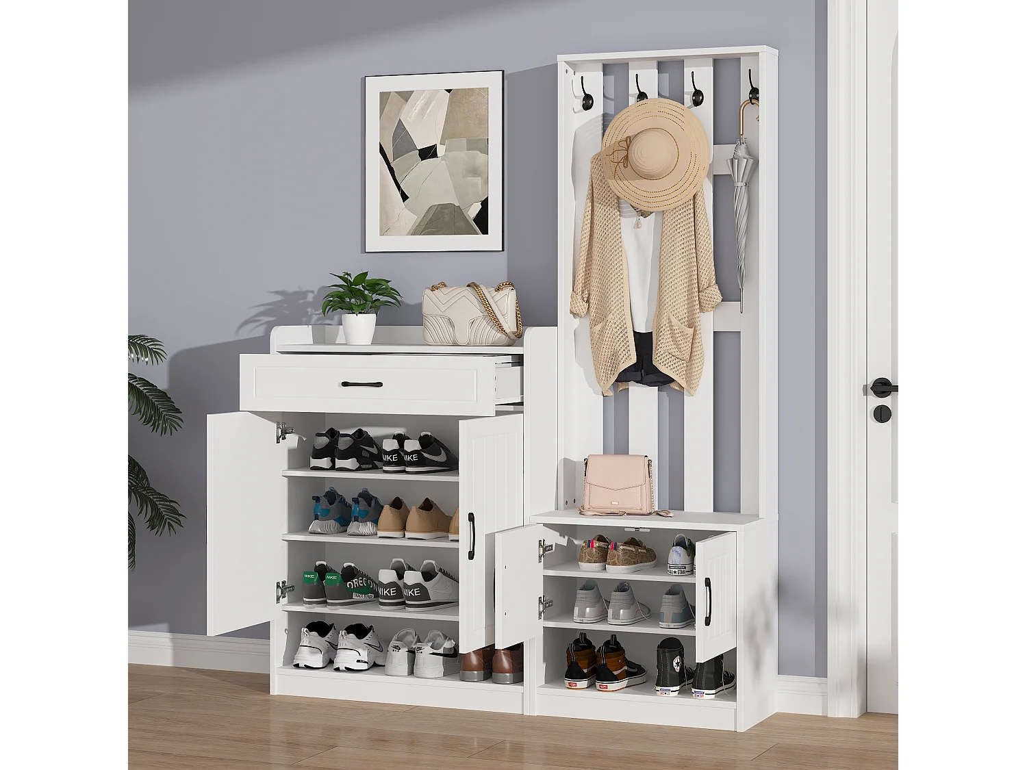 Vestiaire moderne - avec porte-manteau et armoires à chaussures - avec crochets et tiroir - Blanc