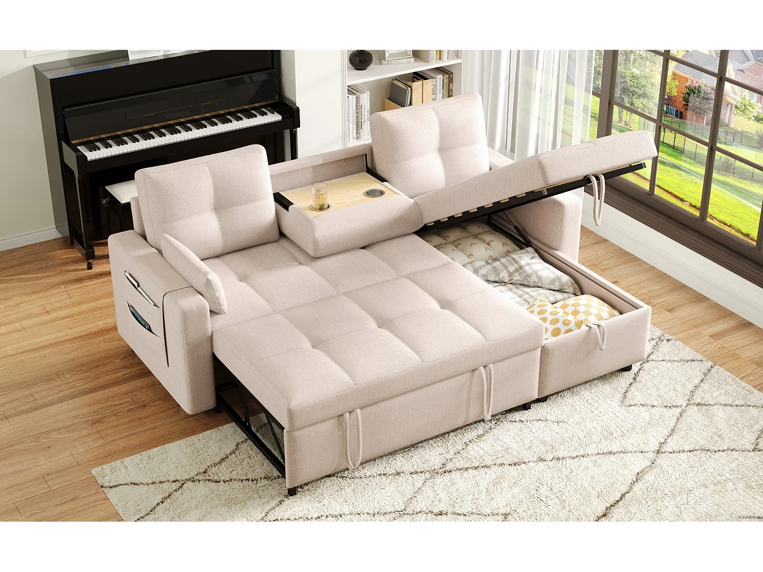 Canapé moderne en L - Canapé-lit modulable - Fonction couchage - Avec rangement - Avec porte-gobelets - Beige