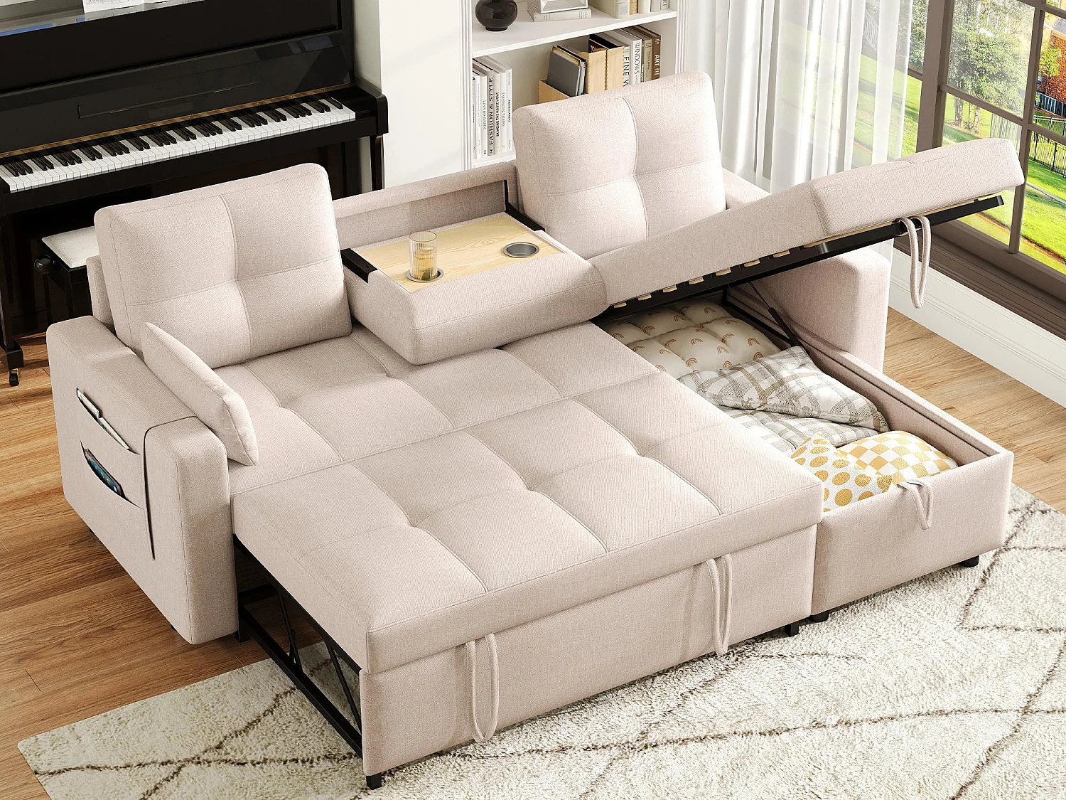 Canapé moderne en L - Canapé-lit modulable - Fonction couchage - Avec rangement - Avec porte-gobelets - Beige