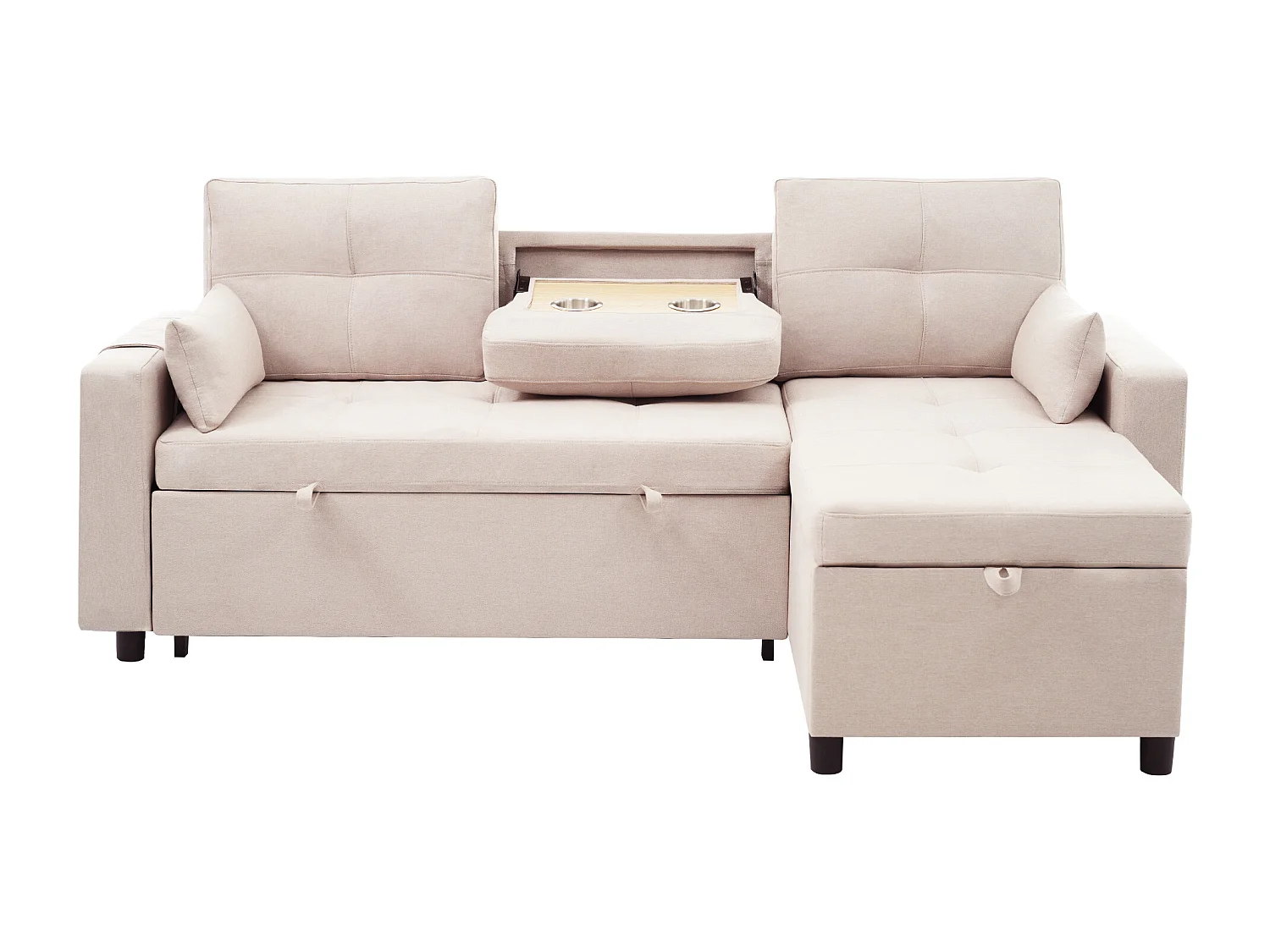 Canapé moderne en L - Canapé-lit modulable - Fonction couchage - Avec rangement - Avec porte-gobelets - Beige