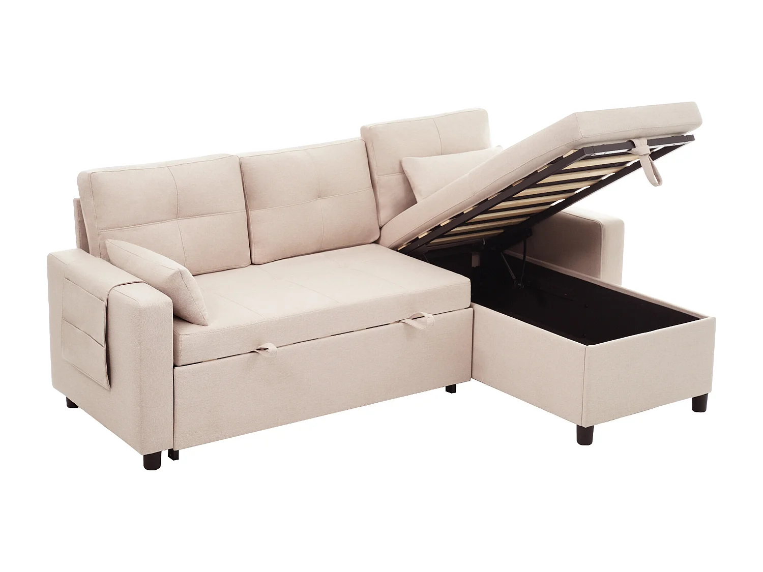 Canapé moderne en L - Canapé-lit modulable - Fonction couchage - Avec rangement - Avec porte-gobelets - Beige