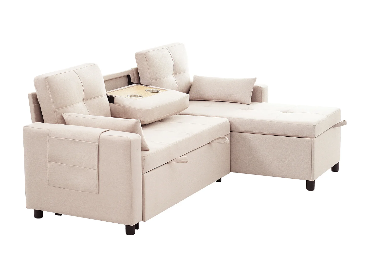 Canapé moderne en L - Canapé-lit modulable - Fonction couchage - Avec rangement - Avec porte-gobelets - Beige