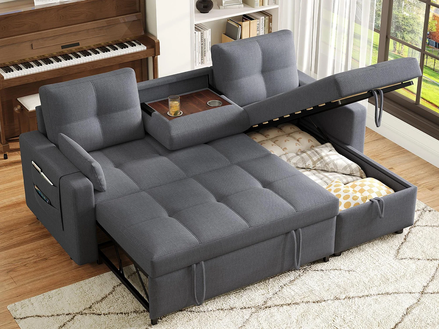 Canapé moderne en L - Canapé-lit modulable - Fonction couchage - Avec rangement - Avec porte-gobelets - Gris