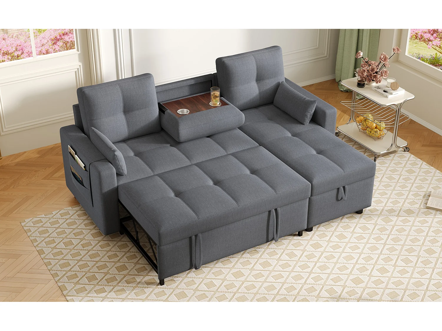 Canapé moderne en L - Canapé-lit modulable - Fonction couchage - Avec rangement - Avec porte-gobelets - Gris