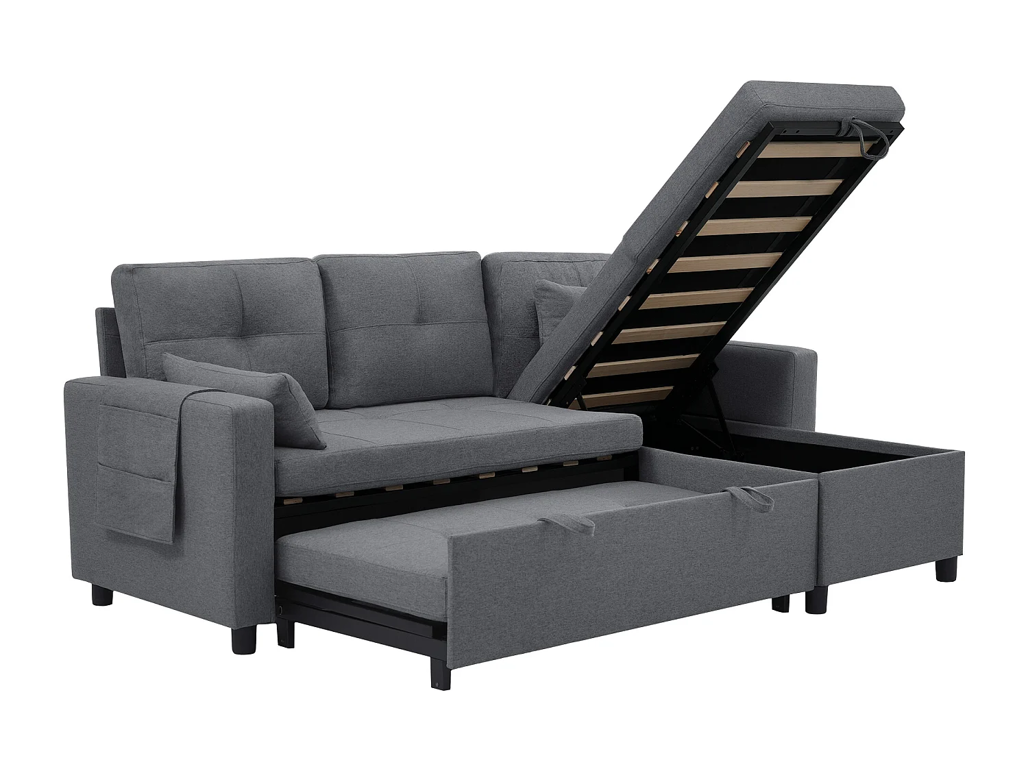 Canapé moderne en L - Canapé-lit modulable - Fonction couchage - Avec rangement - Avec porte-gobelets - Gris