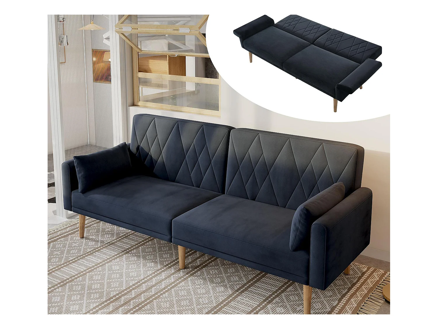Canapé deux places 180x75x82cm - Dossier réglable- Velours - Gris foncé