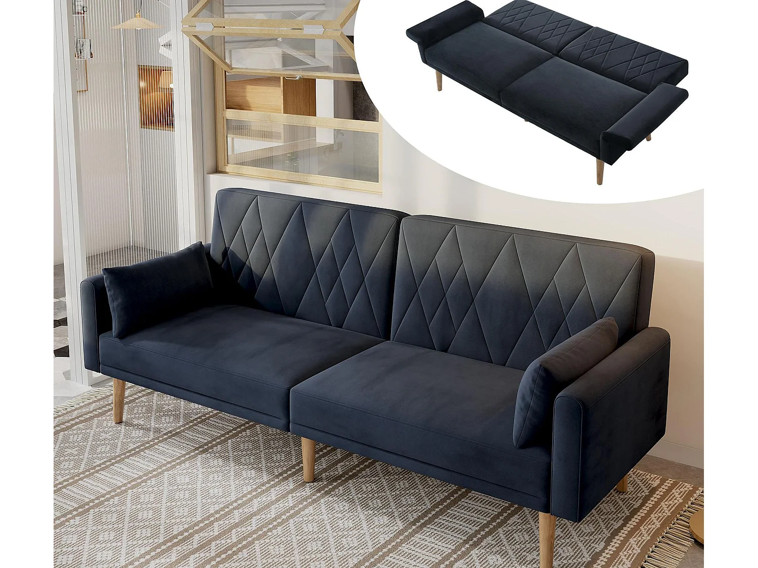 Divano a due posti 180x75x82 cm - Schienale regolabile - Velluto - Grigio scuro