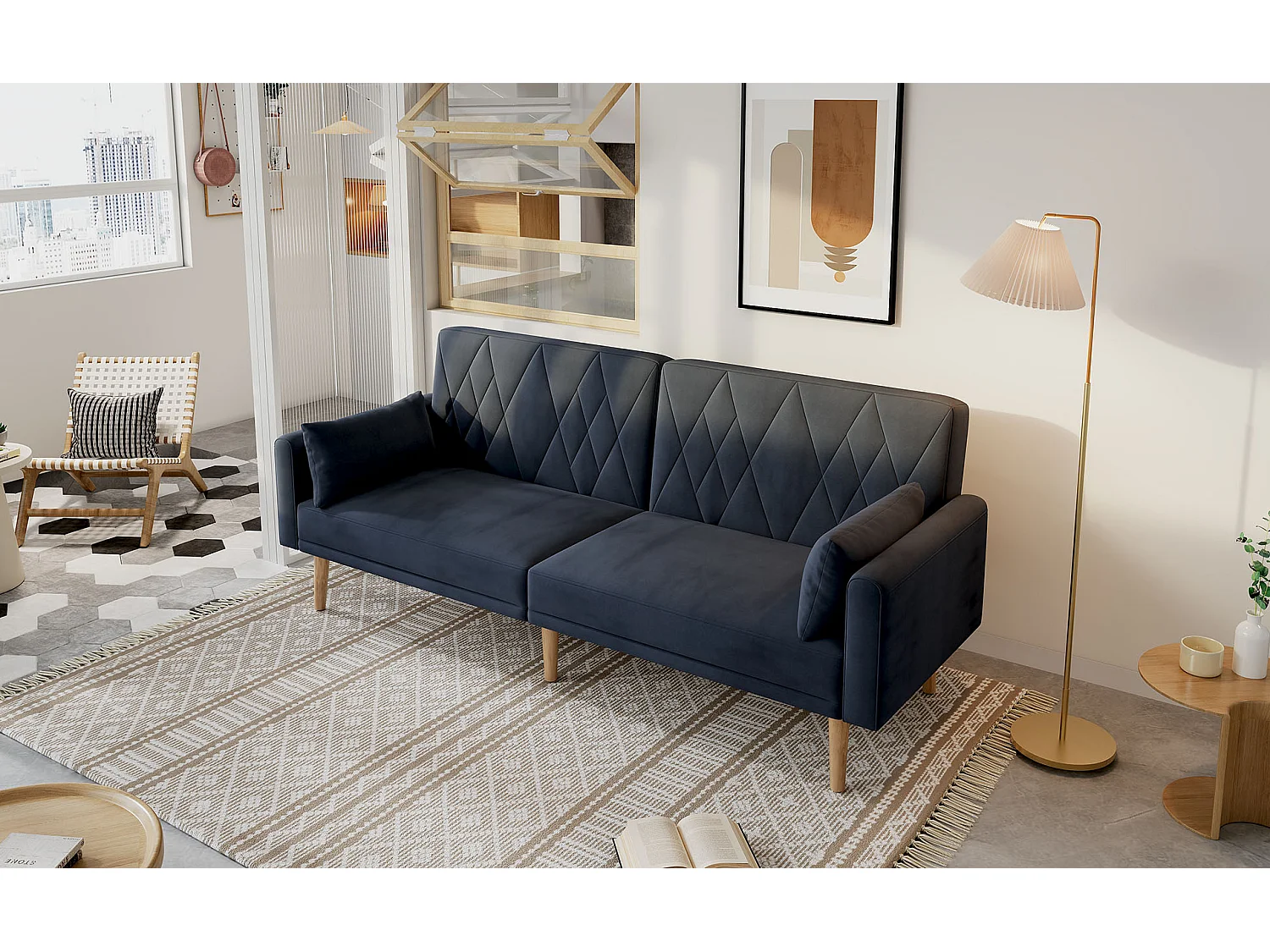 Canapé deux places 180x75x82cm - Dossier réglable- Velours - Noir