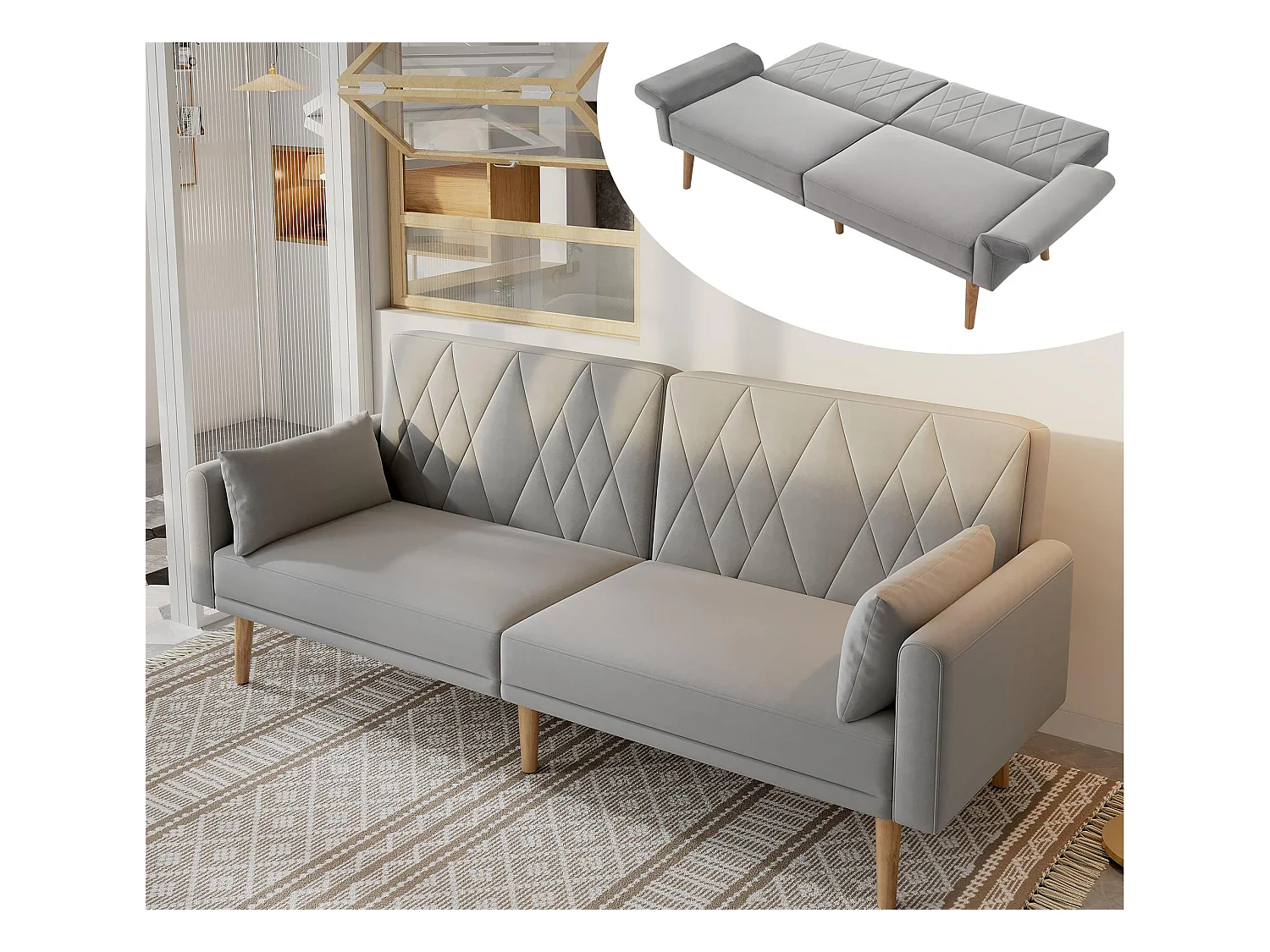 Canapé deux places 180x75x82cm - Dossier réglable- Velours - Gris