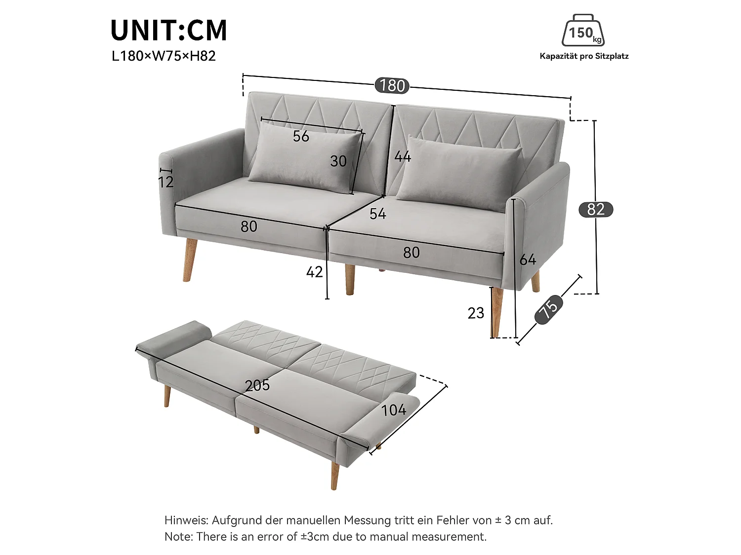 To-personers sofa 180x75x82cm - Justerbar ryglæn - Fløjl - Grå