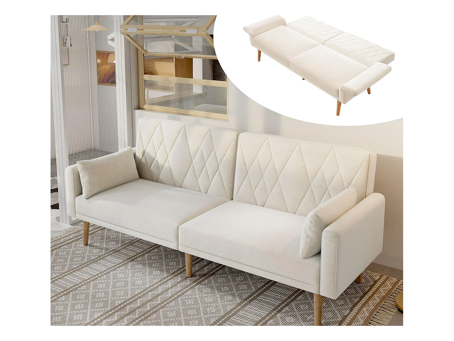 Canapé deux places 180x75x82cm - Dossier réglable- Velours - Beige