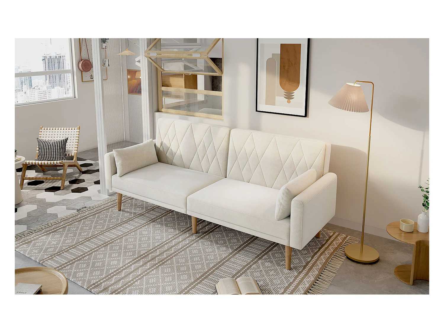 Canapé deux places 180x75x82cm - Dossier réglable- Velours - Beige