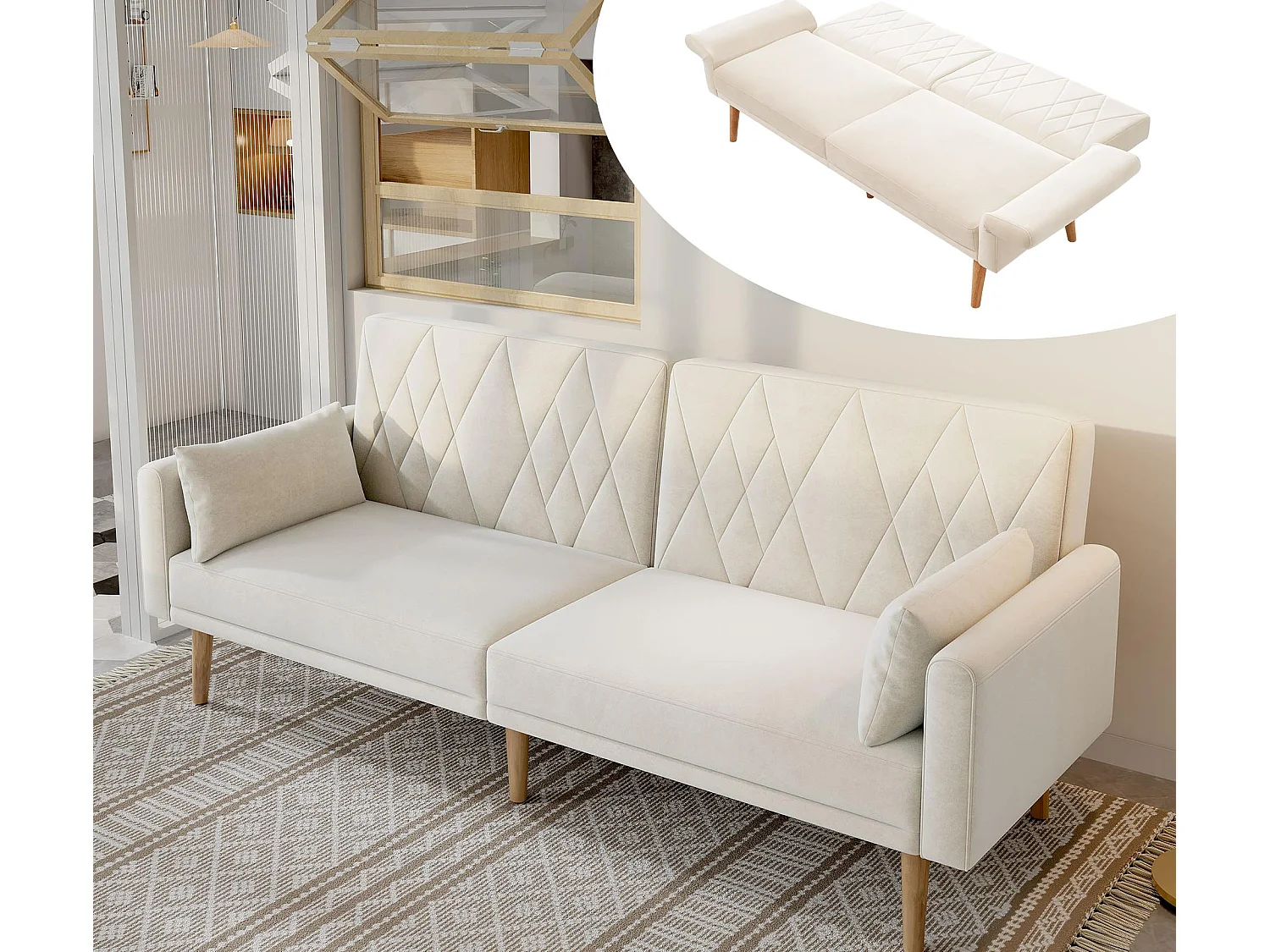 Divano a due posti 180x75x82 cm - Schienale regolabile - Velluto - Beige