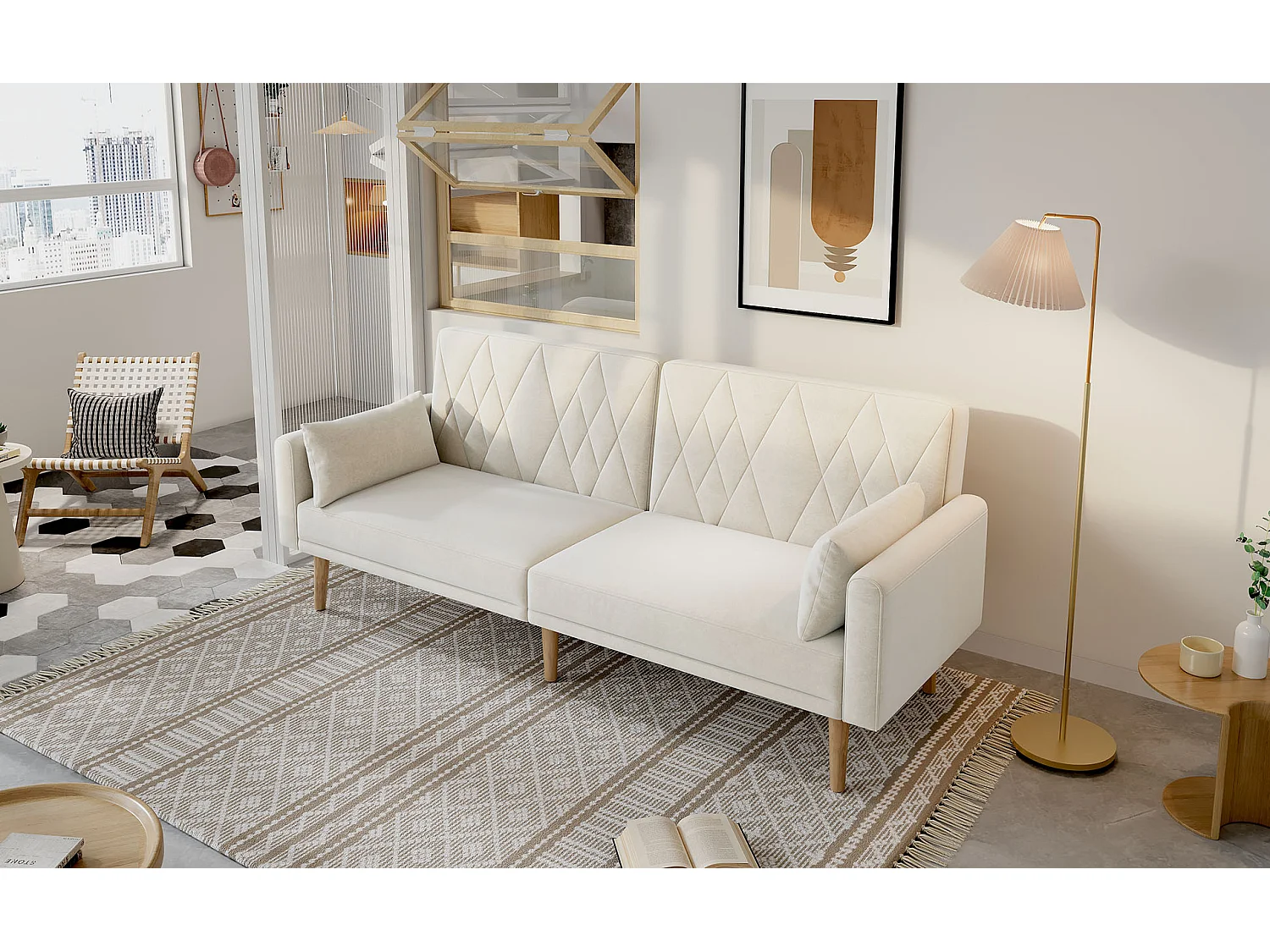 Divano a due posti 180x75x82 cm - Schienale regolabile - Velluto - Beige