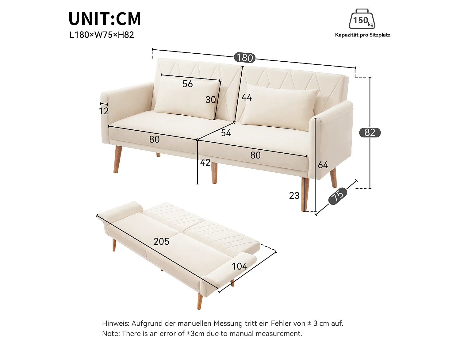 To-personers sofa 180x75x82cm - Justerbar ryglæn - Fløjl - Beige