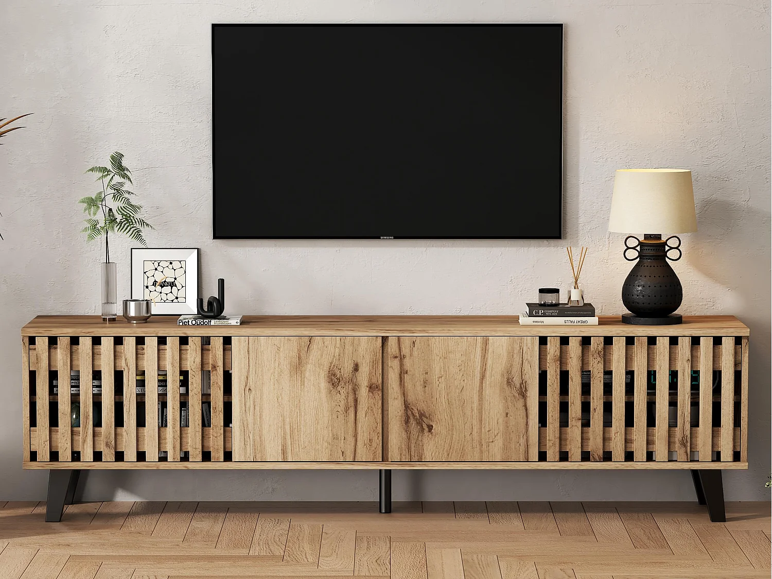 TV-Möbel 180x40x55 cm - mit 4 Türen - Skandinavischer Stil - Natur