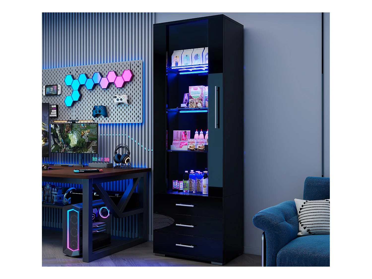 Vitrine brillante - avec LED - 3 tiroirs et étagères - 60x35x180cm - MDF - Noir