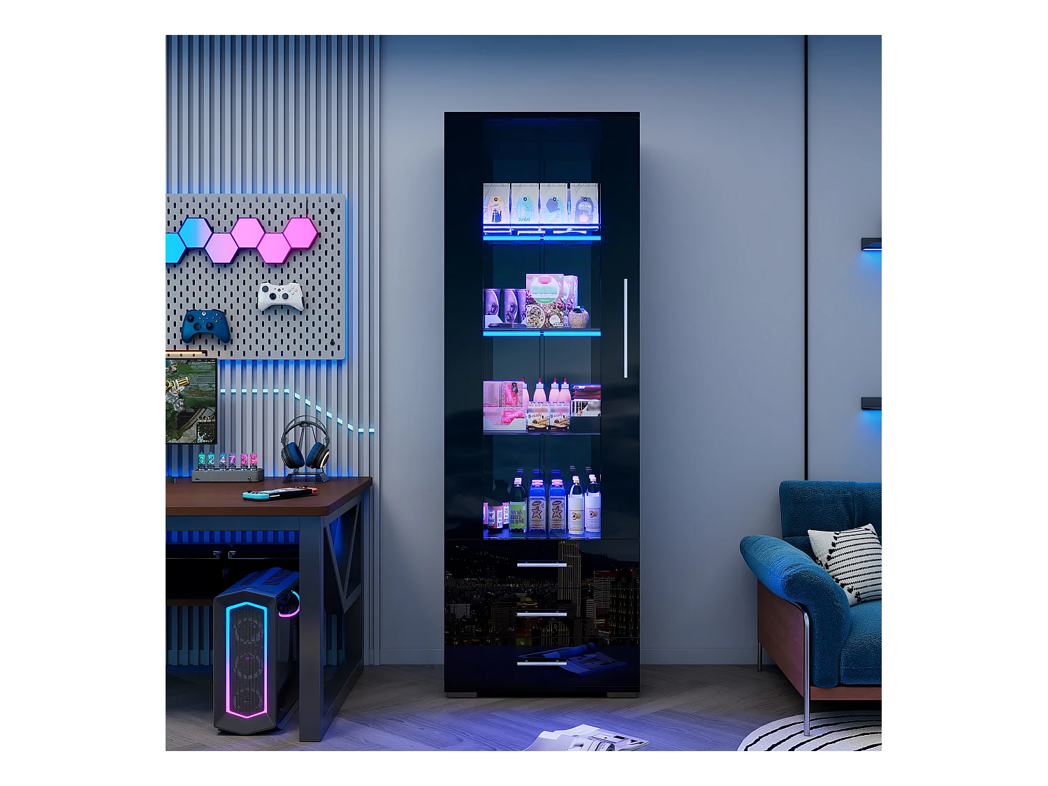 Vitrine brillante - avec LED - 3 tiroirs et étagères - 60x35x180cm - MDF - Noir