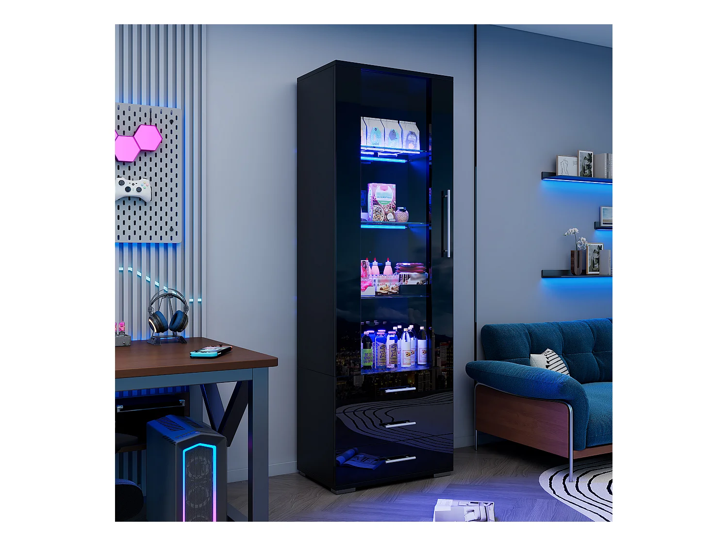 Vitrine brillante - avec LED - 3 tiroirs et étagères - 60x35x180cm - MDF - Noir