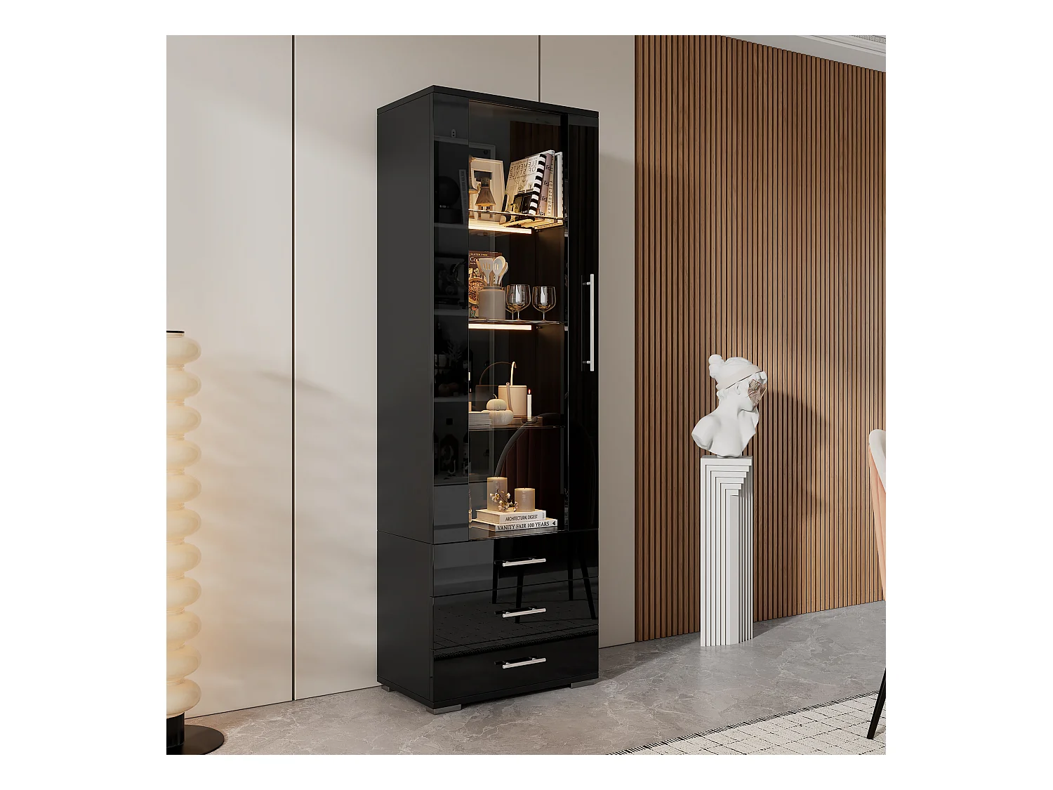 Vitrine brillante - avec LED - 3 tiroirs et étagères - 60x35x180cm - MDF - Noir