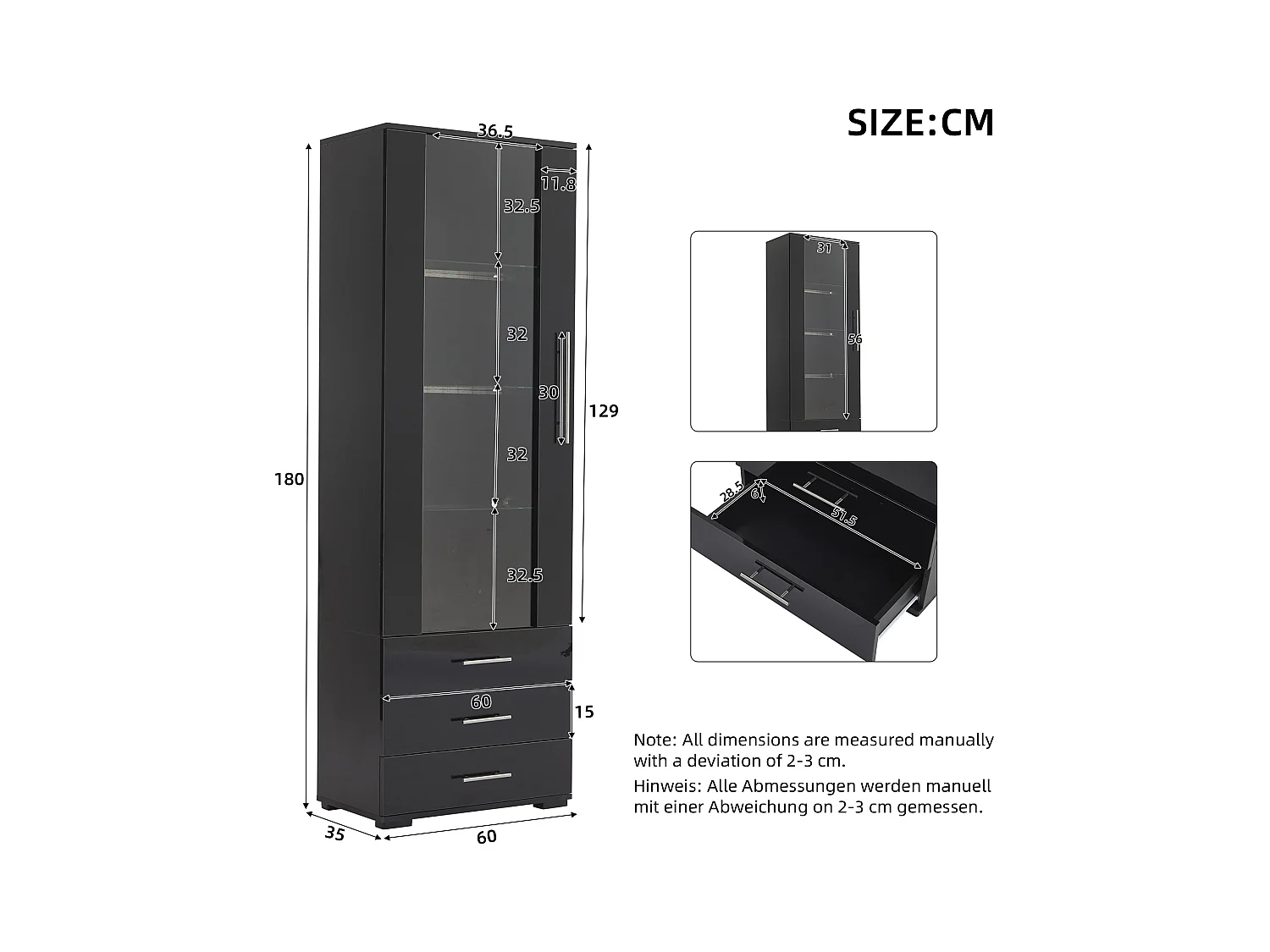 Vitrine brillante - avec LED - 3 tiroirs et étagères - 60x35x180cm - MDF - Noir