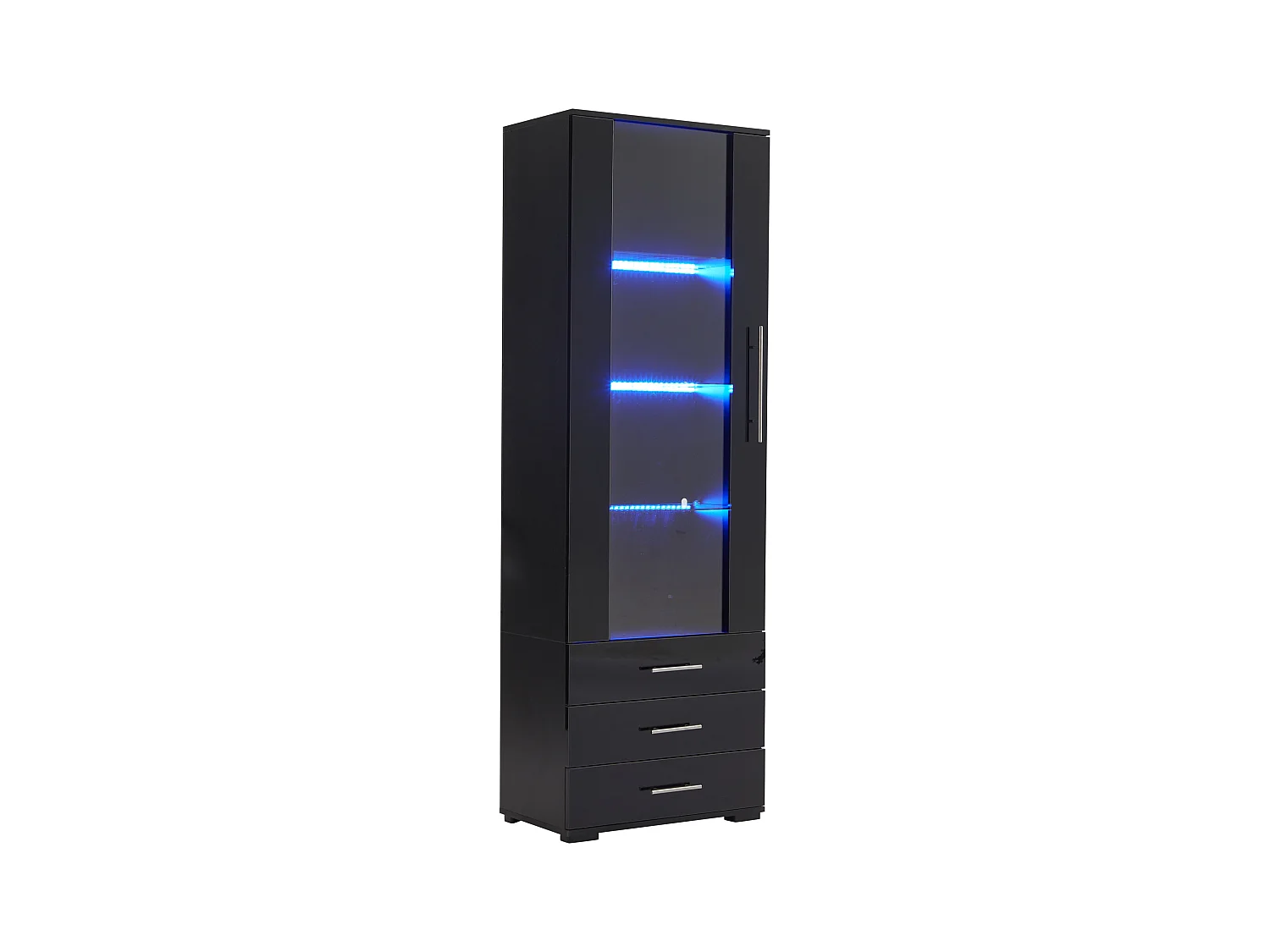 Vitrine brillante - avec LED - 3 tiroirs et étagères - 60x35x180cm - MDF - Noir
