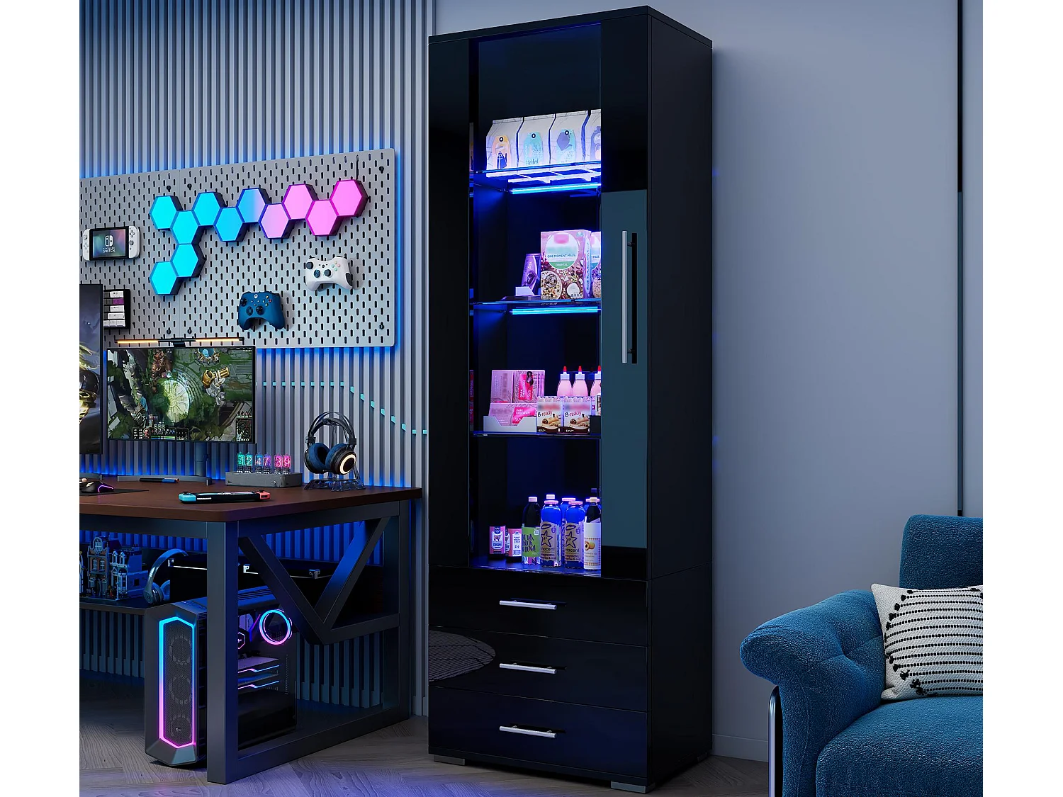 Vitrine brillante - avec LED - 3 tiroirs et étagères - 60x35x180cm - MDF - Noir