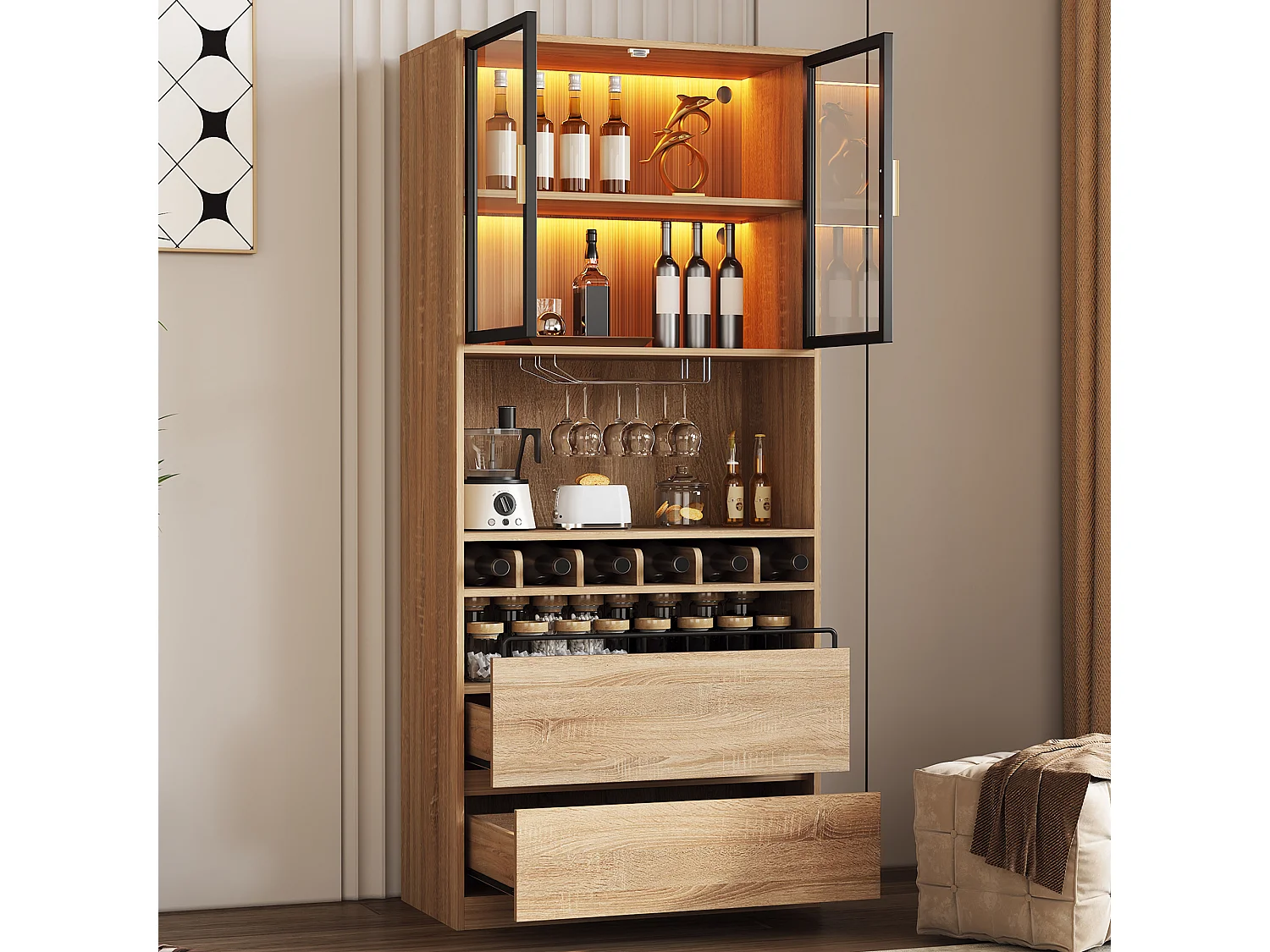 Vitrine 80x40x180 cm com LED - 2 portas e 2 gavetas - prateleiras abertas - Natural