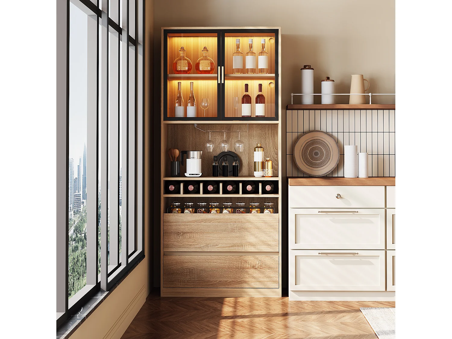 Vitrine 80x40x180 cm com LED - 2 portas e 2 gavetas - prateleiras abertas - Natural