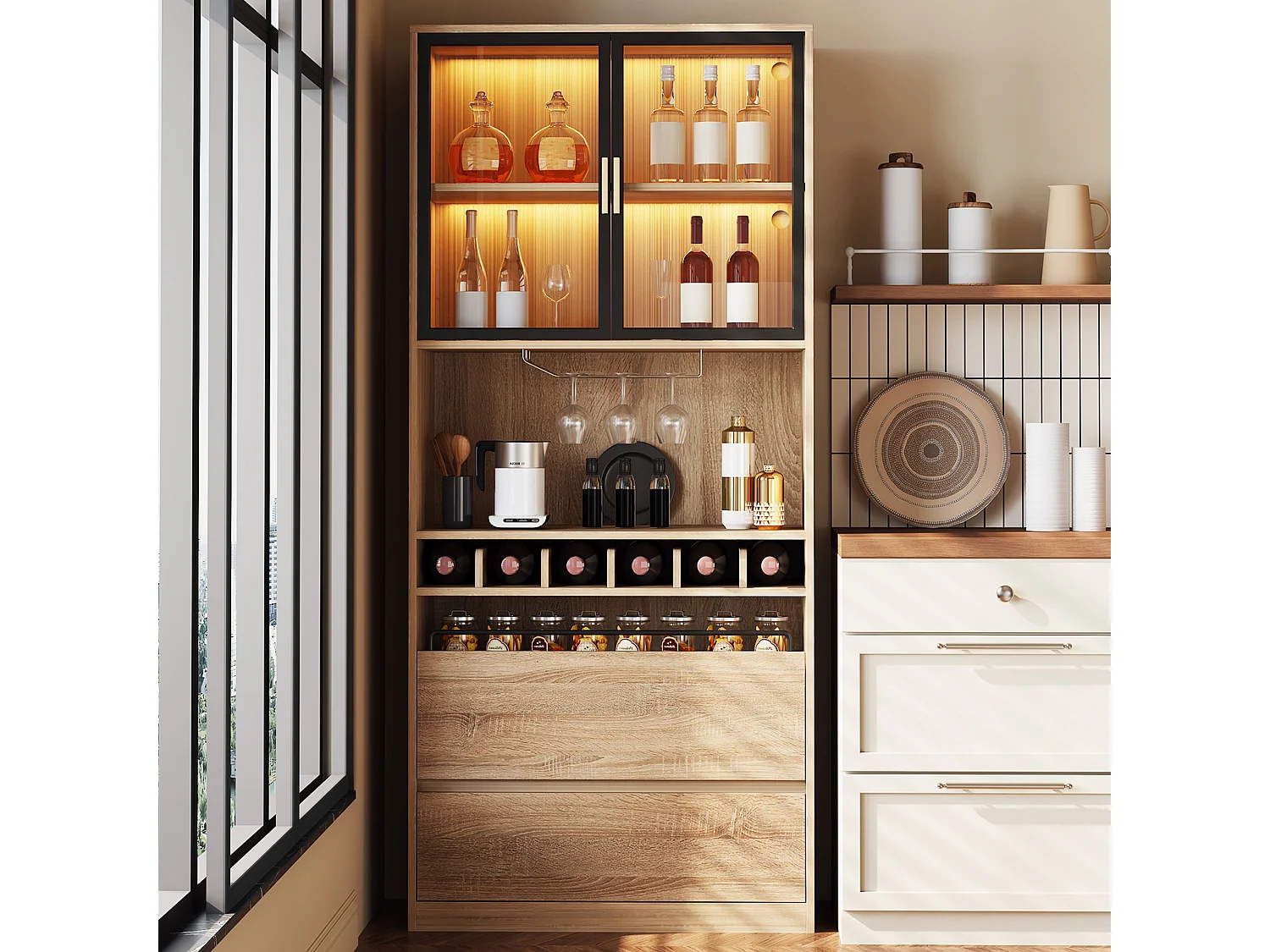 Vitrine 80x40x180 cm com LED - 2 portas e 2 gavetas - prateleiras abertas - Natural